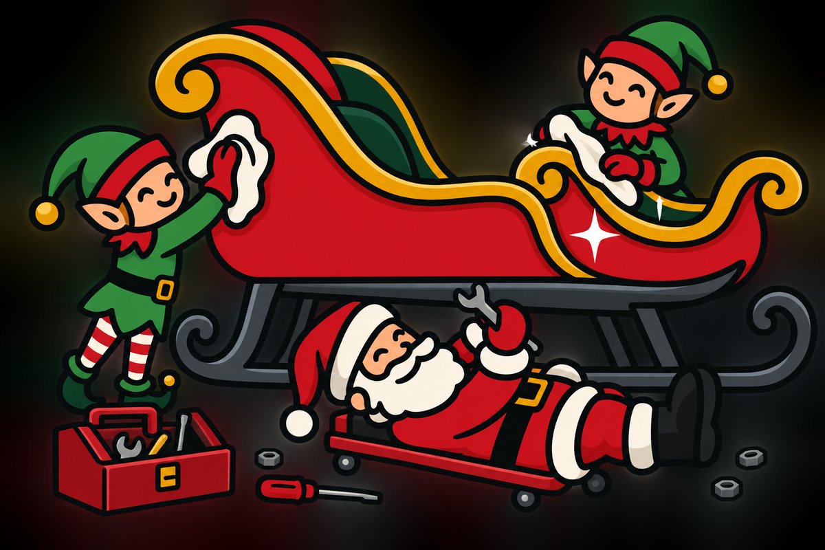 Santa and his elves servicing the sleigh in the workshop, getting ready for next season